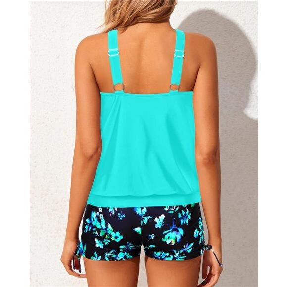High Neck Tankini Set – Modest Blouson Top & Tummy Control Shorts - Picture 2 of 6